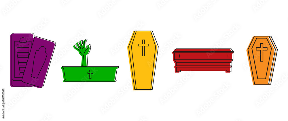 Poster coffin icon set. color outline set of coffin vector icons for web design isolated on white backgroun