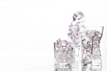 different drinks set glass with ice on white