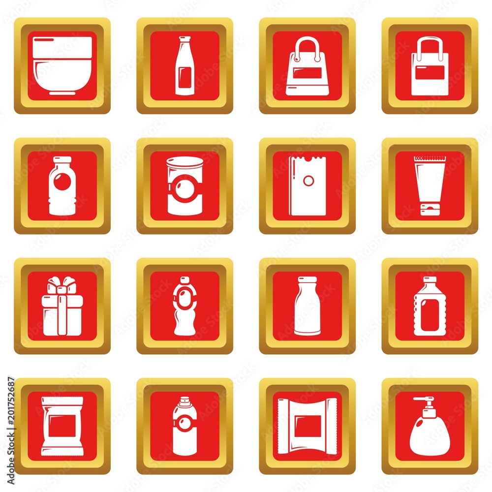 Poster packagiong store shop icons set vector red square isolated on white background