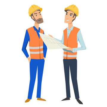 Two full length persons (architect or engineer and foreman or worker) wearing protective uniforms and hardhats, looking at blueprint, holding documents and folder.