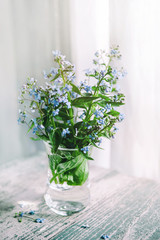 Bouquet of forget-Me-not in a transparent glass vase.