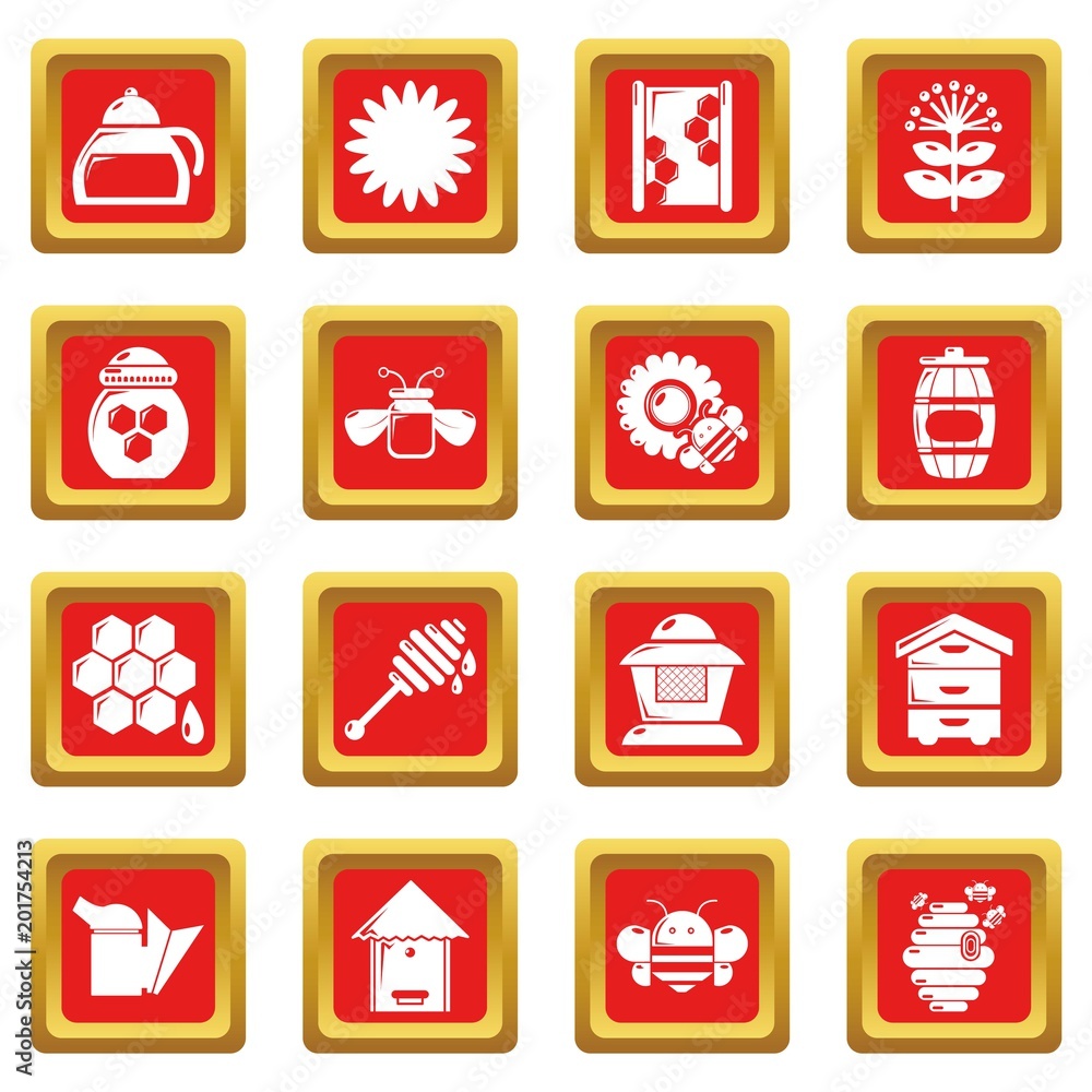 Poster apiary honey icons set vector red square isolated on white background