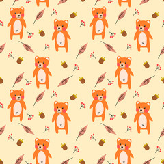 Materiał do szycia Cute bear seamless pattern vector. Lovely bear and tiny flower background.