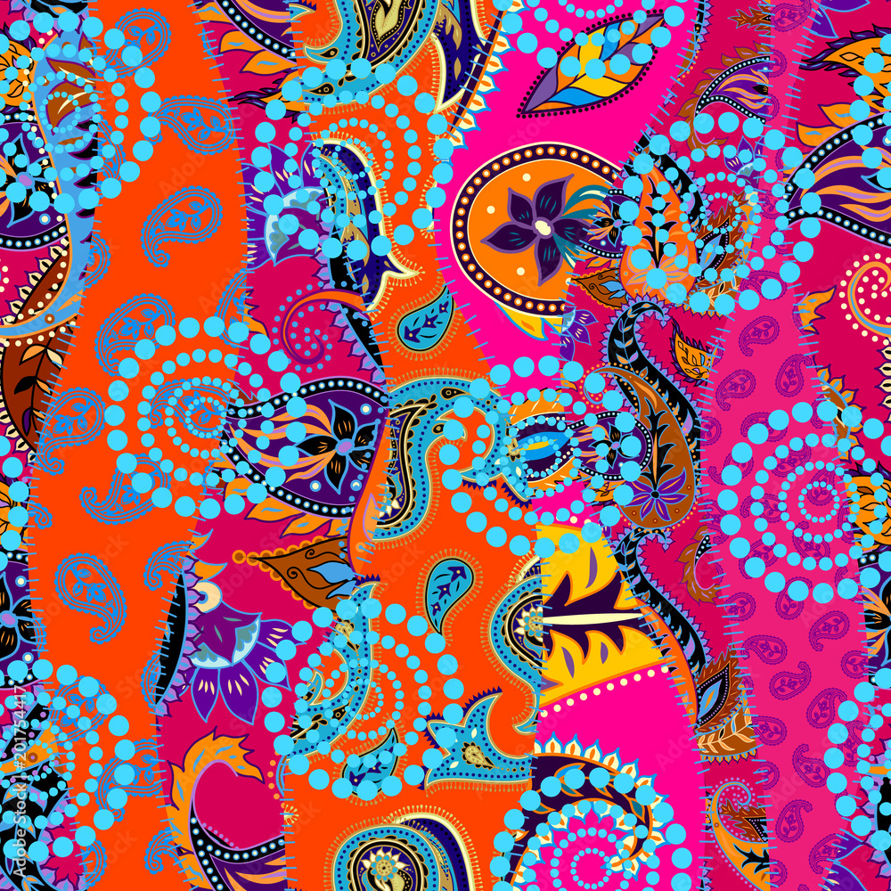 Poster Seamless background pattern. Patchwork pattern with Paisley ornament patterns. Bright magenta and orange colors. Ethnic indian style.