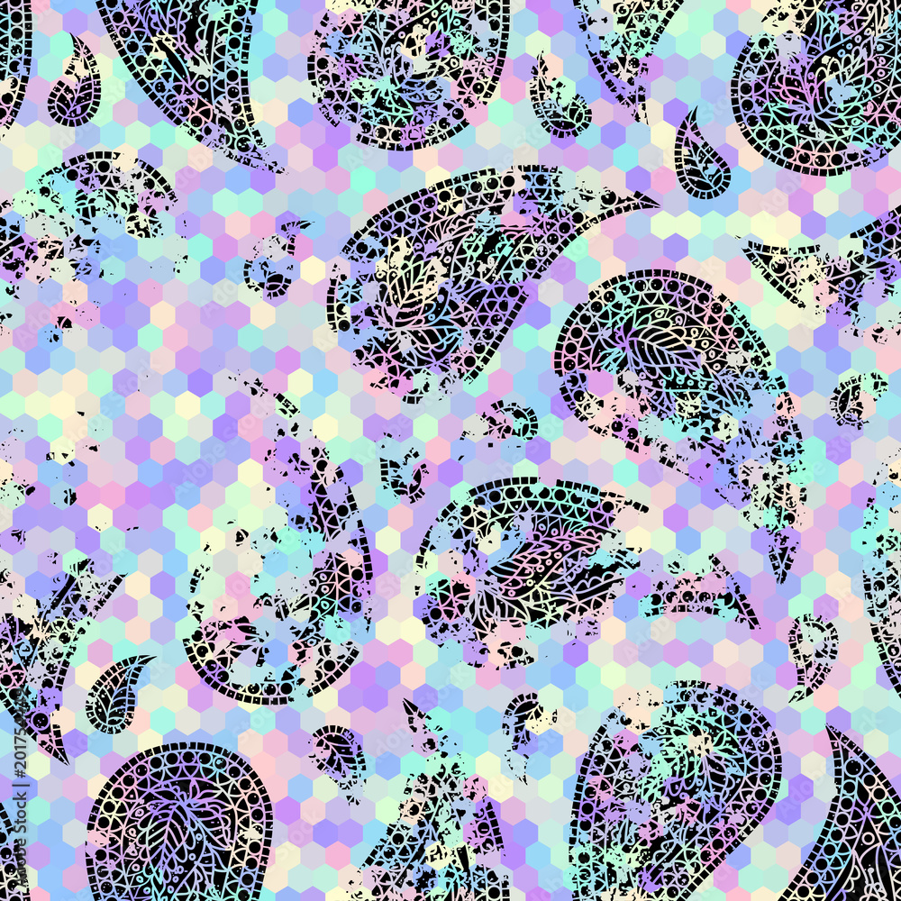 Poster pattern based on decorative elements paisley. seamless pattern in retro grunge indian style.