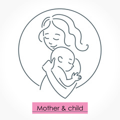 Fototapeta na wymiar Mother with child. Line art icon, logo, sign. Isolated vector illustration.