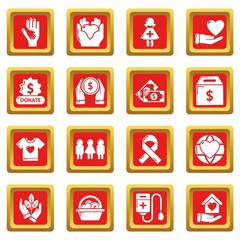 Charity icons set vector red square isolated on white background 