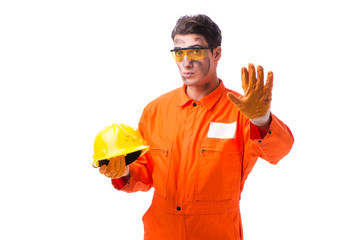 Contractor employee wearing coveralls isolated on white