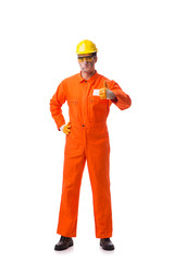 Contractor employee wearing coveralls isolated on white