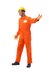 Contractor employee wearing coveralls isolated on white