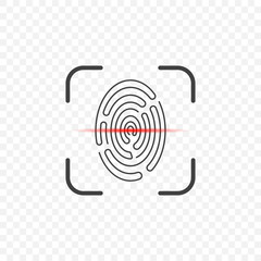 Icon of a fingerprint scanner on a transparent background with a red stripe for scanning. Vector illustration, easy color editing.
