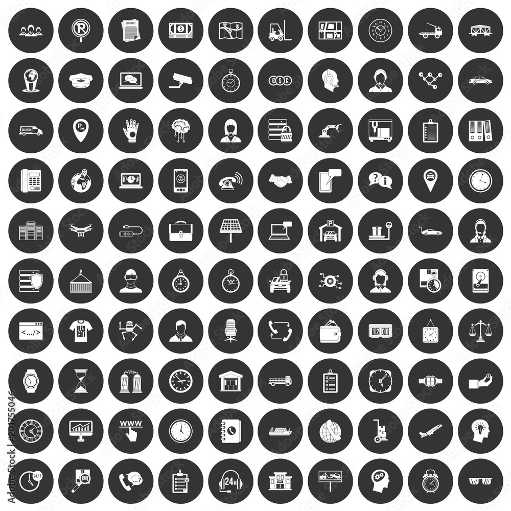 Poster 100 working hours icons set in simple style white on black circle color isolated on white background
