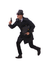 Man spy with handgun isolated on white background