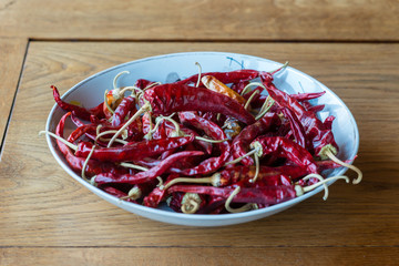 Red Hot Chili Peppers in bowl on a table.