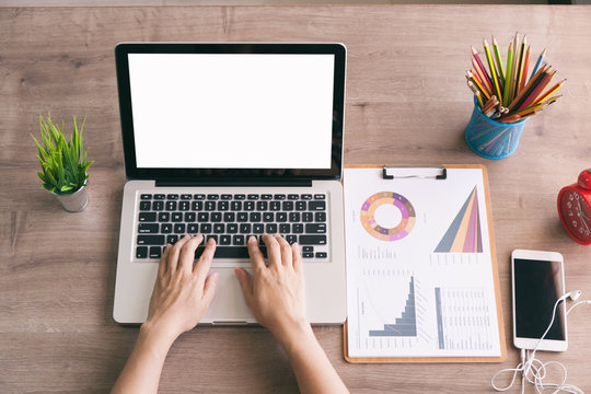 Top view, Business woman typing on laptop at workplace Woman working in home office hand keyboard, Hands of young people typing on laptop in the office,