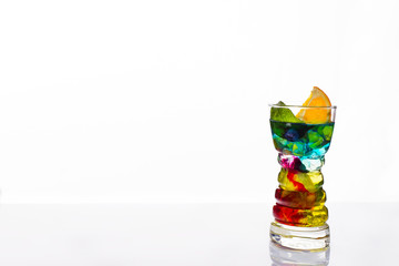 Colorful cocktails garnished, alcoholic beverage and cocktail in elegant glasses on white
