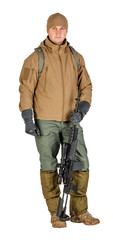 young soldier or sniper holding rifle.  hunting, war, army, technology and people concept