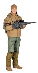 young soldier or sniper holding rifle.  hunting, war, army, technology and people concept