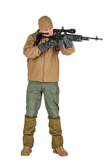 young soldier or sniper holding rifle.  hunting, war, army, technology and people concept
