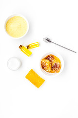 Honey as product for body, face and hair care. Cosmetics with honey. White background top view copy space