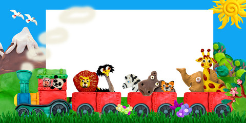 Traveling  Zoo animals 3D rendering children greeting card poster banner  illustration © onanana