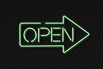 Vector realistic isolated neon sign of Open lettering arrow for decoration and covering on the transparent background. Concept of restaurant and night club entry.