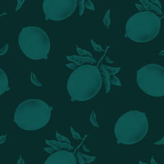 Obraz na płótnie Canvas Illustration of monochrome lemon fruits on a branch with leaves isolated on a green background. Pencil drawing seamless pattern for design