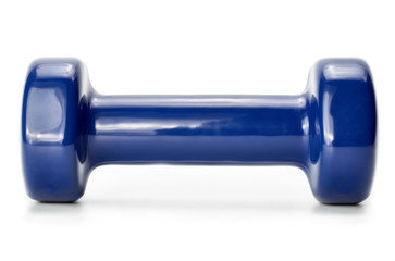 Small blue dumbbells, isolated in white background. Sports projectile for exercise.