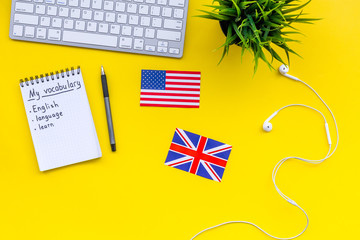 Learn new english vocabulary. Learn landuage concept. Computer keyboard, british and american...