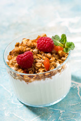 sweet dessert with granola, raspberry and natural yoghurt, vertical