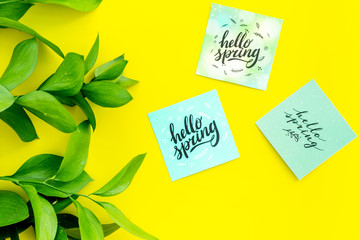 Spring background. Hand lettering hello spring near young green branch on yellow top view