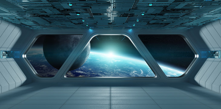 Spaceship futuristic grey blue interior with view on planet Earth