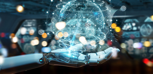 White cyborg hand using planet Earth interface 3D rendering