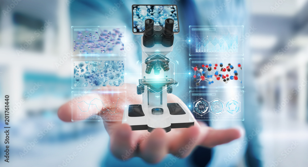 Aufkleber Businessman using modern microscope with digital analysis 3D rendering