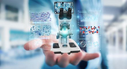 Businessman using modern microscope with digital analysis 3D rendering