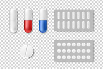 Vector isolated realistic pills for decoration and covering on the transparent background. Concept of medicine, healthcare and doctor profession.