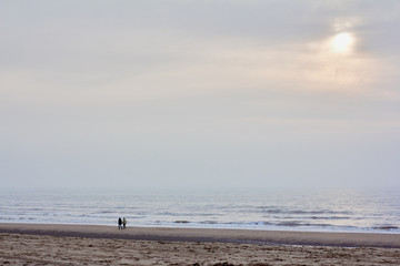 Fototapeta na wymiar Lonely silhouettes of two people walking along the cold winter shore of the north sea at sunset