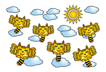 Flying cats with wings among the clouds. Cartoon funny drawing. Vector graphics