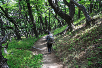 Hiker is trekking near Fitz Roy and Cerro Torre, Argentina