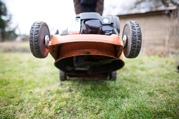 in fornt of up lawnmower, ready for cutting new spring grass