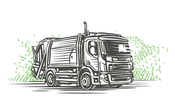 Garbage truck sketch. Vector. 
