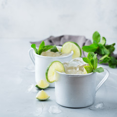 Moscow mule cocktail with vodka, ginger beer, lime and mint