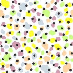 Seamless pattern with round dots and abstract shapes. Drawn by hand. Endless cute print for children.