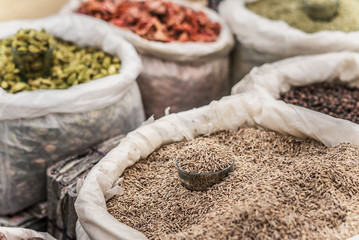 spices in bags on the market