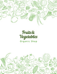 Frame border background pattern of green organic farm fresh tropical fruits and vegetables. Vector illustration. Sketch doodle outline line flat style design. White backdrop top view grocery products