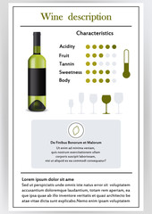 Vector illustration.Brochure,form describing characteristics of white wine.Feed temperature,brief description,history of origin, tableware glass for serving,taste criteria.Tannins,acidity,fortress.