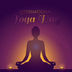 Beautiful concept banner illustration for the International Yoga day with lotus pose silhouette and candles.