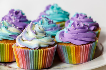 Colorful cupcakes on a plate.