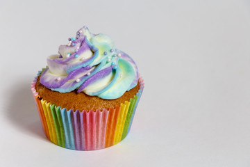 Multicolored cupcake on white background.