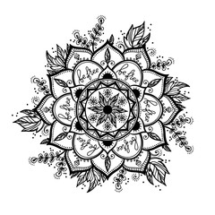 Black isolated ethnic mandala design. Anti-stress coloring page for adults. Hand drawn illustration in boho style